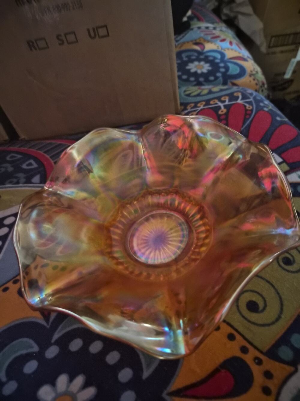 Vintage Imperial Glass Optic Flute Marigol Carnival Glass Ruffled Bowl 7.5...